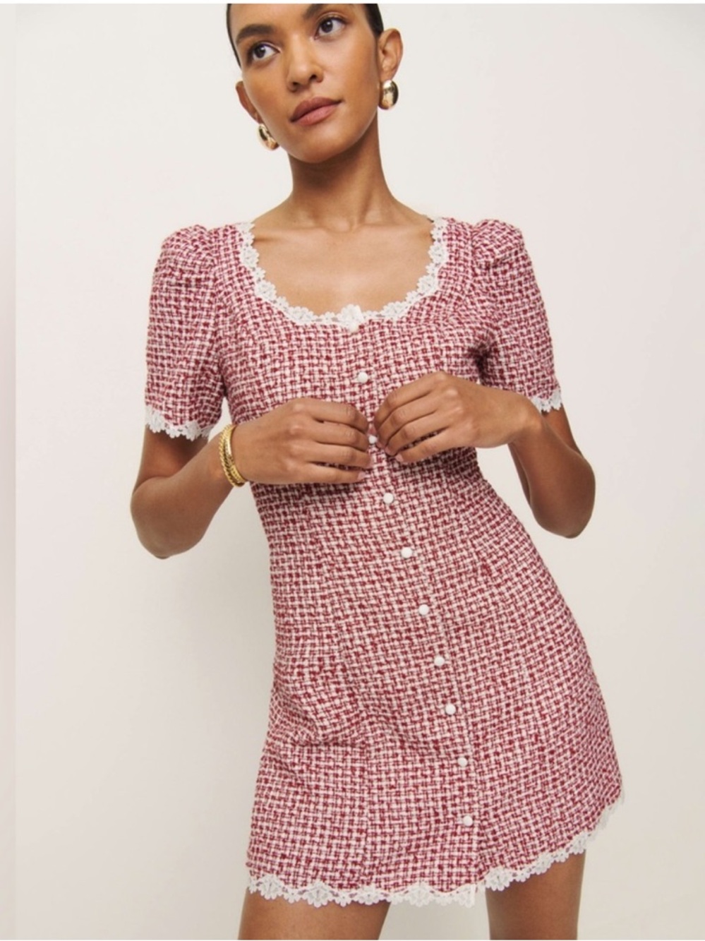 Reformation Anabella Mini Dress in Red with White Lace Trim